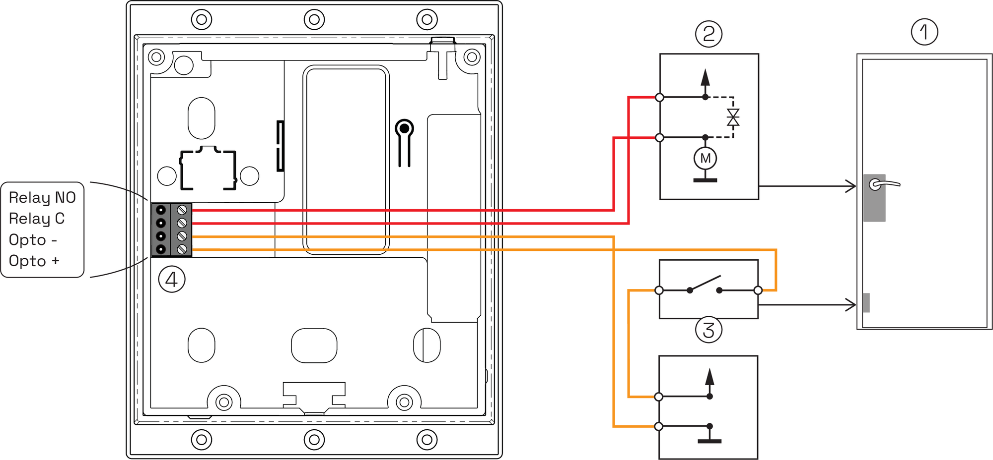 Example connection of the relay and optocoupler